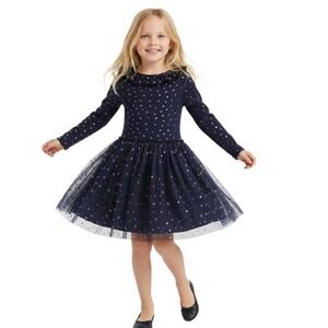 Mini Boden NWT Blue Tulle Skirt Gold Star Print Long Sleeve Dress Size 2-3Y‎